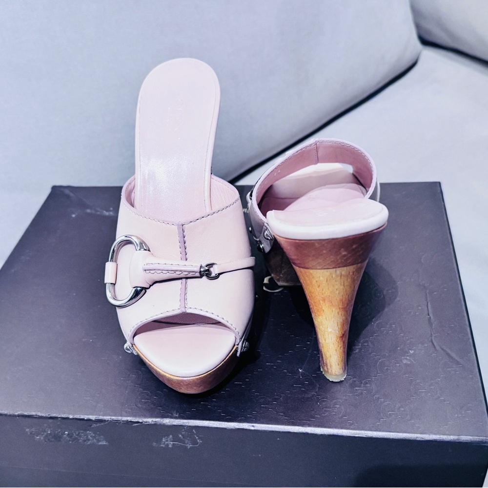 Gucci Pink Leather Mules with Wooden Heel
